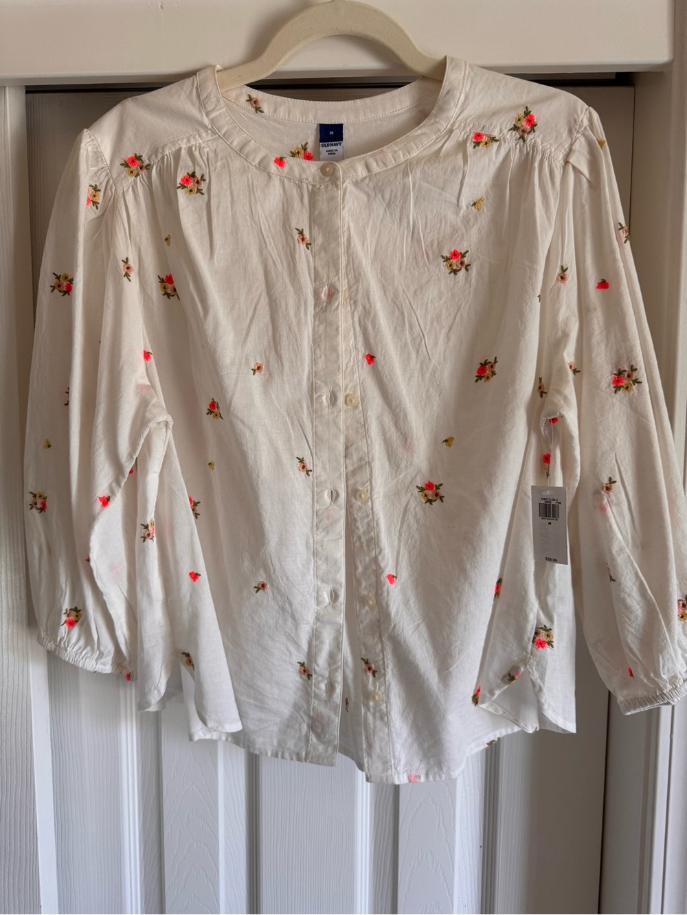 Old Navy White Button-Front Blouse with Pink Floral Embroidery